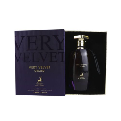 Caja abierta de "Very Velvet Orchid" con la botella de fragancia en su interior, presentando un empaque lujoso y elegante.