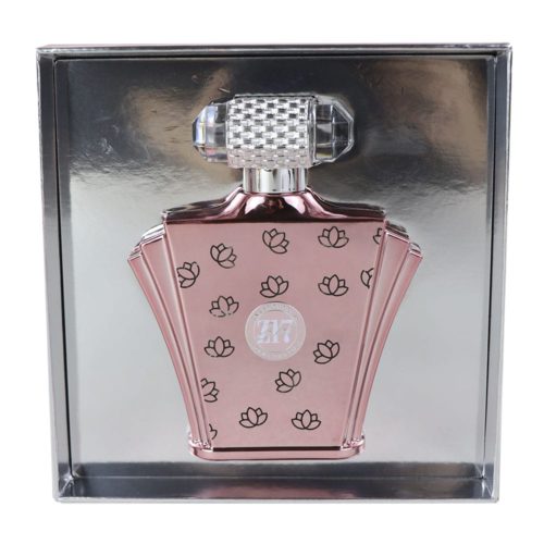 Botella de perfume Zakat Z17 EDP 100 ml dentro de su caja, con un diseño metálico rosa y tapón decorativo.