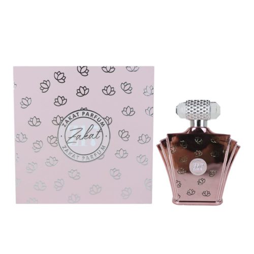 Perfume Zakat Z17 EDP 100 ml junto a su caja, con diseño rosa metálico y detalles de flores grabadas.