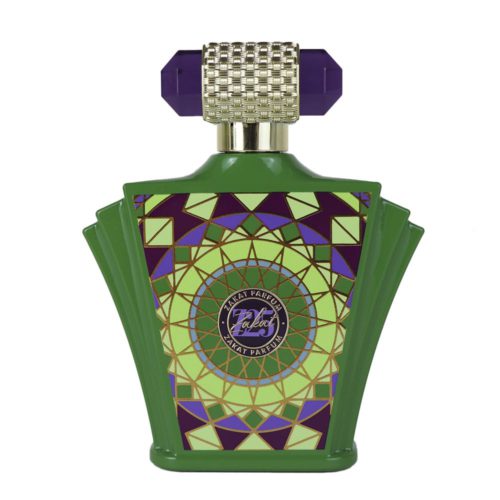 Botella del perfume Z25 Eau de Parfum 100 ml de Zakat con detalles ornamentales en verde, morado y dorado.