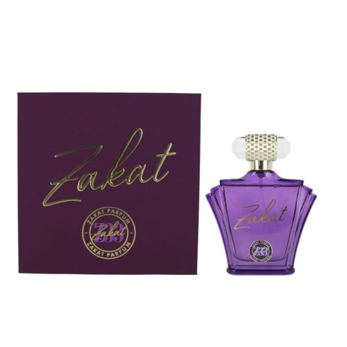 Parte trasera de Z12 Eau de Parfum 100ml para Mujeres de Zakat. Empaque plateado con información detallada de la fragancia, ingredientes y código de barras.