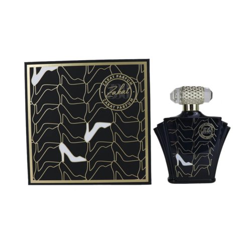 Perfume Zakat Z38 de 100 ml junto a su caja de presentación de lujo en negro y dorado.
