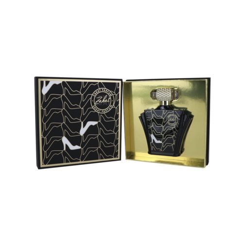 Perfume Zakat Z38 dentro de su caja abierta, mostrando su elegante frasco con tapa dorada.