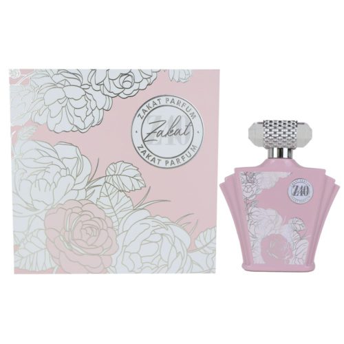 Set de perfume unisex Zakat Parfum Z40 Eau de Parfum 100ml. Empaque rosa con diseño floral plateado y botella con detalles a juego.