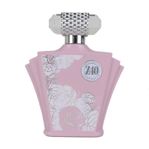 Botella de perfume unisex Zakat Parfum Z40 Eau de Parfum 100ml. Color rosa claro con diseño floral plateado y tapa de cristal.