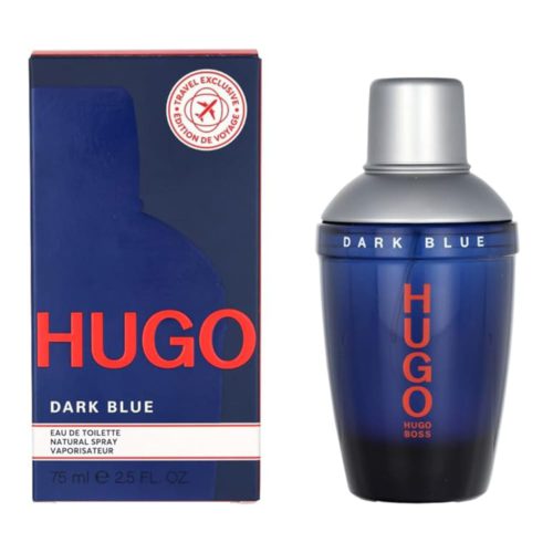 Colonia para hombre Hugo Boss Dark Blue. La imagen muestra el frasco de perfume con un elegante diseño azul y plateado junto a su caja a juego con detalles en rojo y azul, etiquetada como edición exclusiva de viaje.