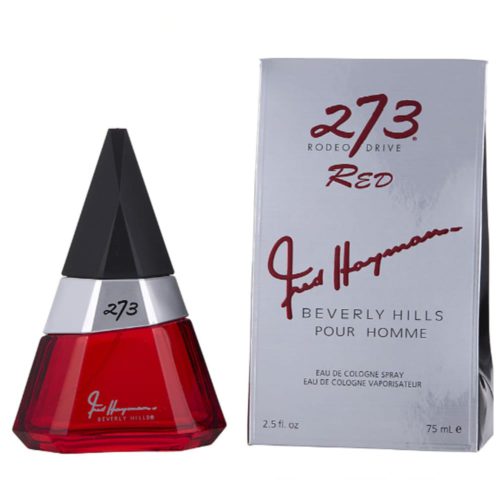 273 Red Eau de Cologne 100 ml para Hombre de Fred Hayman. Un llamativo frasco de vidrio rojo con una tapa negra en forma de pirámide, acompañado de una caja plateada y roja con la firma de la marca.