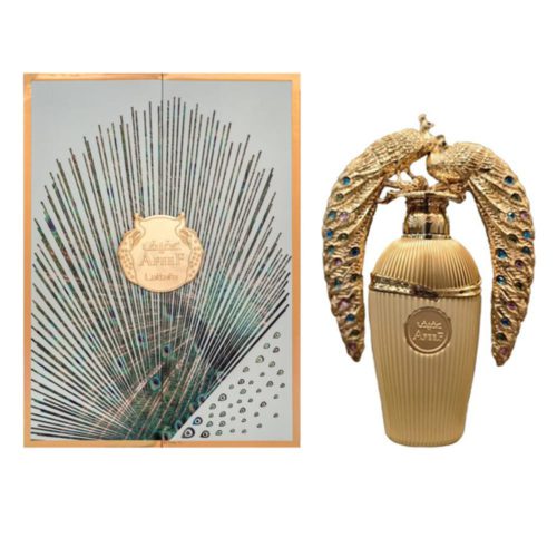 Afeef Eau de Parfum 100 ml Unisex de Lattafa. Un lujoso frasco de perfume dorado con una tapa decorada con dos pavos reales dorados, exhibido junto a una elegante caja con diseño de plumas de pavo real.