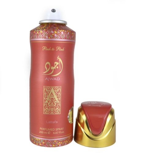 Una sola lata de Ajwad Pink Perfumed Spray de Lattafa, 200 ml, con diseño rojo y dorado, destacando la marca lujosa.