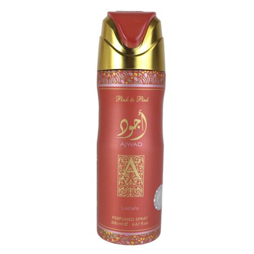 Caja empaquetada de Ajwad Pink Perfumed Spray de Lattafa, que contiene 12 latas de 200 ml cada una, con la marca y diseño visibles.