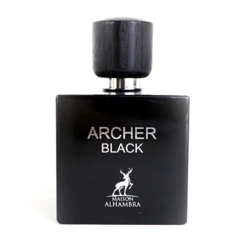 El frasco de perfume "Archer Black" con acabado negro brillante, tapa de madera y marca Maison Alhambra, irradiando elegancia moderna.