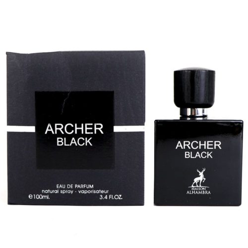 El frasco de perfume "Archer Black" presentado junto a su caja negra a juego, creando una presentación coherente y elegante.