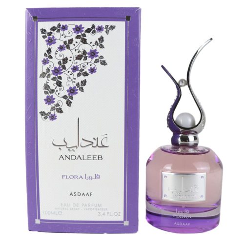 Andaleeb Flora EDP 100 ml de Asdaaf, con una caja floral en blanco y morado y un elegante frasco de perfume con un tapón plateado adornado con una perla.