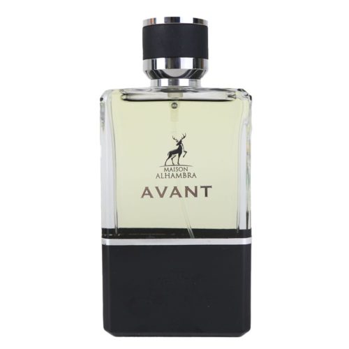 Primer plano del frasco de perfume Avant EDP 100 ml, con un diseño de vidrio transparente y tapa negra.