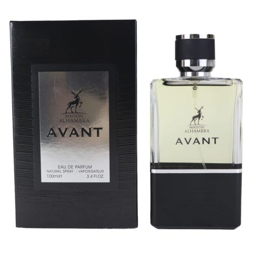 Avant EDP 100 ml de Maison Alhambra, mostrando tanto el frasco de perfume como su elegante empaque negro y plateado.