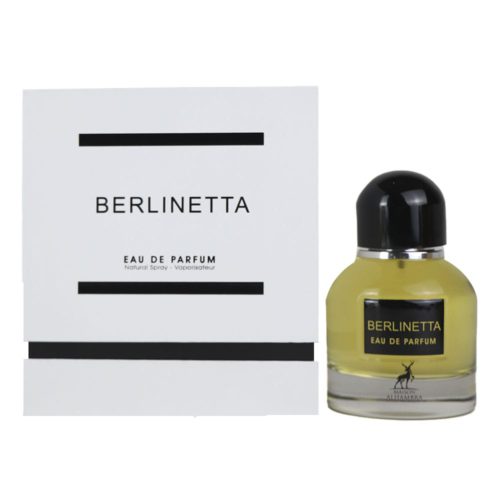 Set de la fragancia Berlinetta EDP 100 ml de Maison Alhambra, que incluye la caja y la botella de vidrio con tapa negra.