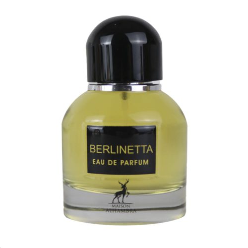 Botella de la fragancia Berlinetta EDP 100 ml de Maison Alhambra, con diseño de vidrio transparente y tapa negra.