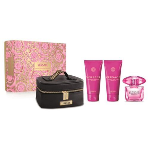 Set de regalo Bright Crystal Absolu de Versace para mujer, que incluye un frasco rosa de Eau de Parfum de 90 ml, loción corporal, gel de ducha y un neceser negro, presentado en una caja decorativa rosa y dorada.