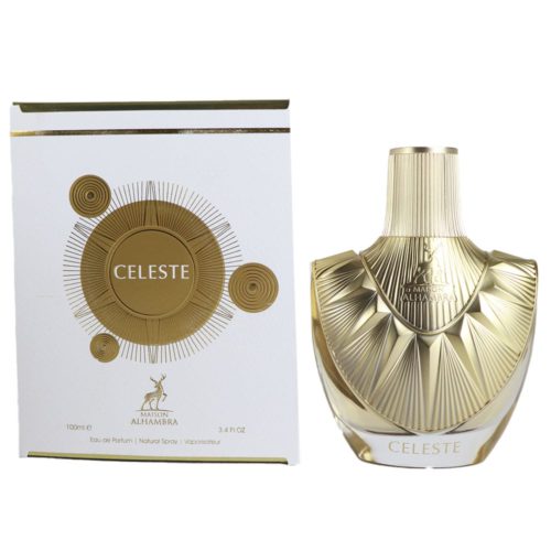 El frasco del perfume Celeste junto a su caja a juego, ambos con una estética elegante en dorado y blanco.