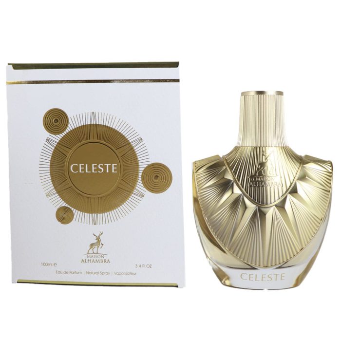 El frasco del perfume Celeste junto a su caja a juego, ambos con una estética elegante en dorado y blanco.