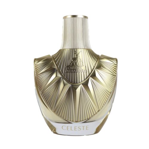 El frasco del perfume Celeste de Maison Alhambra, con un diseño dorado y patrones intrincados de rayos solares.