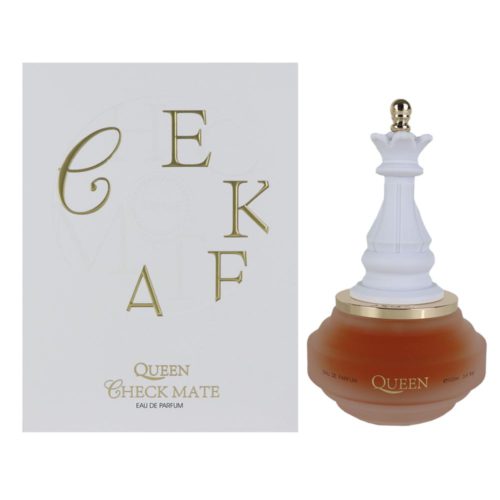 El frasco de perfume 'Queen Check Mate' y su empaque lado a lado, mostrando su diseño real y marca premium de Armaf.
