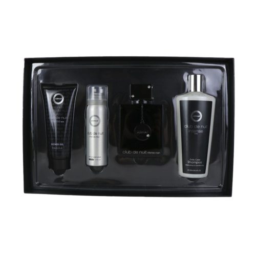 Set de regalo "Club de Nuit Intense" con perfume, body spray, gel de ducha y champú en un empaque negro sofisticado.
