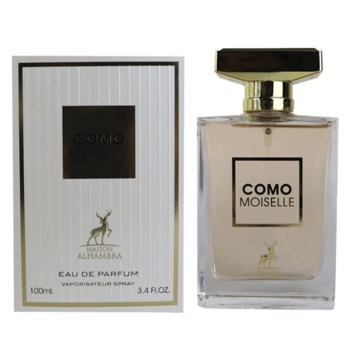 El frasco del perfume "Como Moiselle" junto a su caja. El elegante frasco de vidrio con detalles dorados complementa la sofisticada caja blanca y dorada.