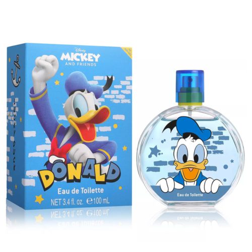 Disney Mickey y Amigos Donald Duck Eau de Toilette 100ml. La caja presenta una ilustración de Donald Duck con un atuendo de marinero azul, levantando el puño con entusiasmo. La botella redonda y transparente muestra una imagen divertida de Donald Duck con un fondo de patrón de ladrillos azules.