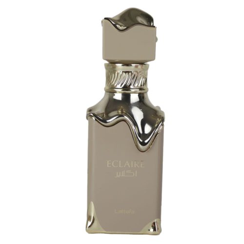 Botella de Eau de Parfum Lattafa Eclaire, 3.4 fl oz (100 ml). La botella del perfume es beige con detalles dorados metálicos en efecto de goteo. La tapa tiene un acabado dorado irregular, combinando con el diseño lujoso de la botella.