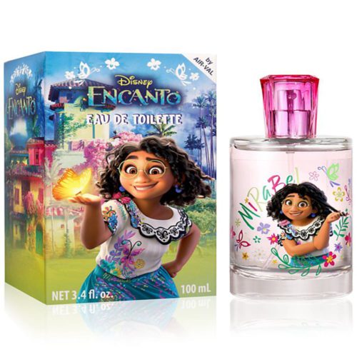 Disney Encanto Eau de Toilette 100ml con Mirabel. El empaque muestra una escena colorida con Mirabel sosteniendo una mariposa amarilla brillante frente a la mágica casa de la familia, la Casita. La botella de perfume transparente tiene una tapa rosa y está decorada con una imagen alegre de Mirabel rodeada de flores y su nombre 'Mirabel' en una tipografía divertida.