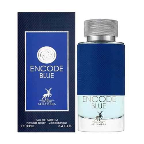 El perfume "Encode Blue" de Maison Alhambra presentado con su elegante caja azul con detalles blancos, junto al frasco texturizado azul con tapa metálica.