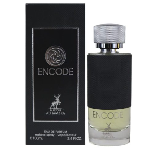 Frasco y empaque de Encode Eau de Parfum para hombres de Maison Alhambra. El empaque es negro con texto plateado y un logo de ciervo, junto al frasco elegante.
