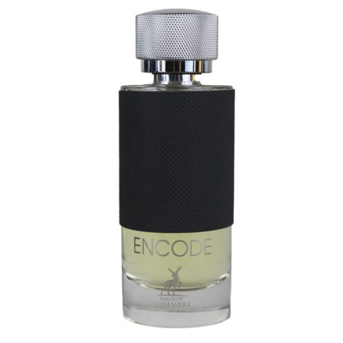 Primer plano del frasco de Encode Eau de Parfum, con un agarre texturizado negro y una tapa plateada, con el logo y texto de la marca grabados.