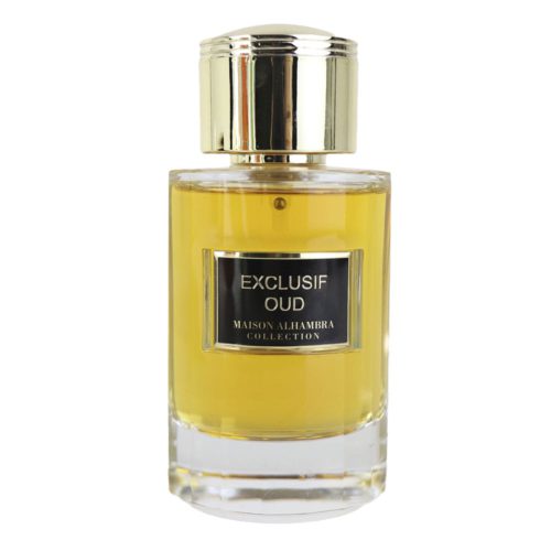 Una botella de vidrio transparente etiquetada como "Exclusif Oud Maison Alhambra Collection," llena de líquido dorado y con una tapa dorada brillante.