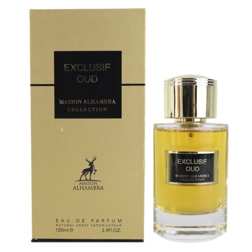 La botella de perfume "Exclusif Oud" junto a su caja dorada, con la marca "Maison Alhambra Collection."