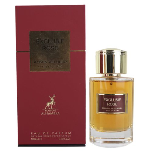 Un frasco de "Exclusif Rose" Eau de Parfum de Maison Alhambra, junto a su elegante caja roja y dorada. El frasco es elegante con una tapa dorada y un diseño sofisticado.