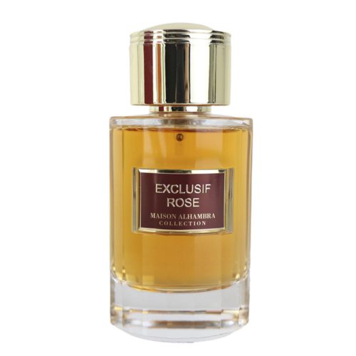 Primer plano del frasco de "Exclusif Rose" Eau de Parfum de Maison Alhambra, con una etiqueta dorada refinada y tapa dorada en un diseño transparente.