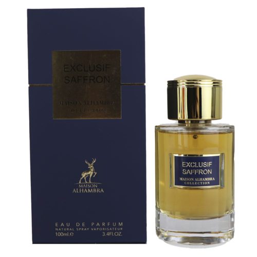 El frasco del perfume "Maison Alhambra Exclusif Saffron" presentado junto a su caja azul marino y dorada, formando un conjunto lujoso y armonioso.