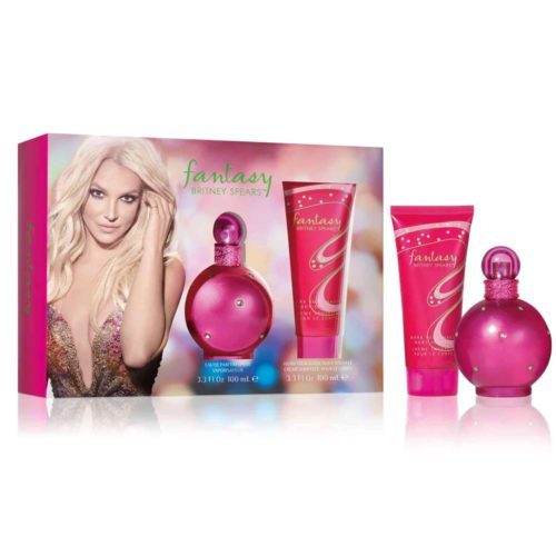 Set de regalo Fantasy de Britney Spears para mujer, que incluye un Eau de Parfum de 100ml y una crema corporal de 100ml. El empaque presenta un diseño vibrante en rosa con una imagen de Britney Spears.