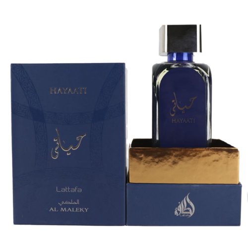 Empaque abierto de Hayaati Al Maleky Eau de Parfum de Lattafa, revelando el elegante frasco de vidrio azul dentro de una caja con detalles dorados.