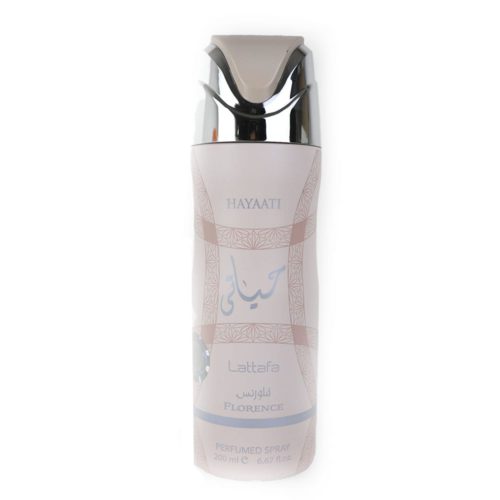 Una sola botella de spray perfumado Hayati Florence de Lattafa, 200 ml, mostrando su diseño intrincado en beige con detalles plateados.