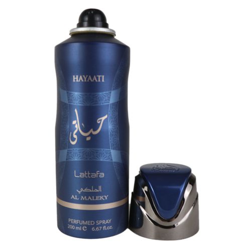 Spray perfumado Hayati Al Maleky de Lattafa sin tapa, 200 ml. La botella presenta un diseño lujoso con una tapa de acabado cromado.