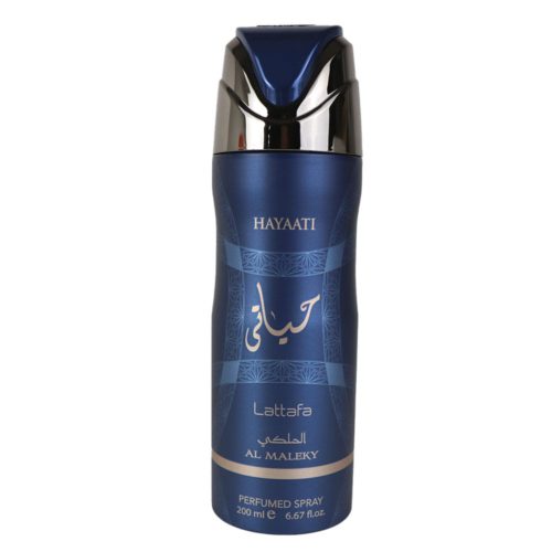 Primer plano de una botella individual del spray perfumado Hayati Al Maleky de Lattafa, 200 ml, mostrando detalles de la marca y diseño elegante.