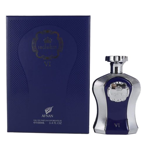 Exhibición de la caja de perfume "Highness VI" junto a la botella de fragancia ornamentada en plata y azul marino.