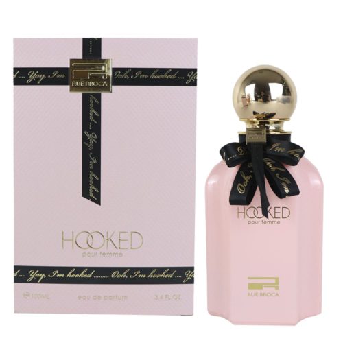 Hooked Pour Femme de Rue Broca, frasco y empaque de Eau de Parfum 100ml en tono rosa suave con detalles en negro y dorado.