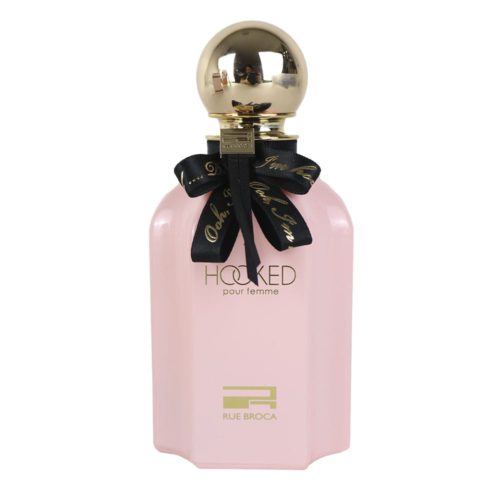 Frasco del perfume Hooked Pour Femme de Rue Broca, con un elegante diseño rosa, tapa dorada esférica y cinta negra