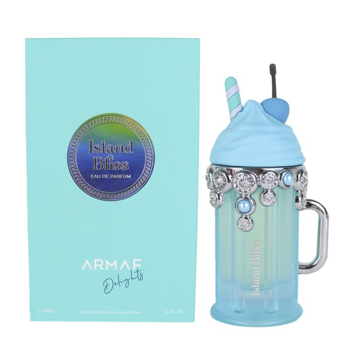 Armaf Island Bliss Delights Eau de Parfum para Hombre (100ml) con empaque y un frasco de perfume único diseñado como un batido azul con asa.