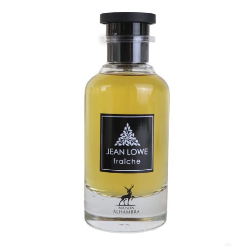 Primer plano de la botella del Jean Lowe Fraiche Eau de Parfum 100 ml, de vidrio transparente con tapa negra y el logotipo de Maison Alhambra.