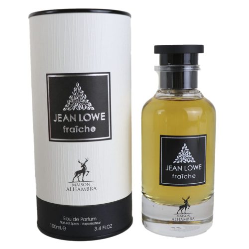 Botella de Jean Lowe Fraiche Eau de Parfum 100 ml y su empaque cilíndrico, con etiqueta negra y el logotipo de Maison Alhambra.